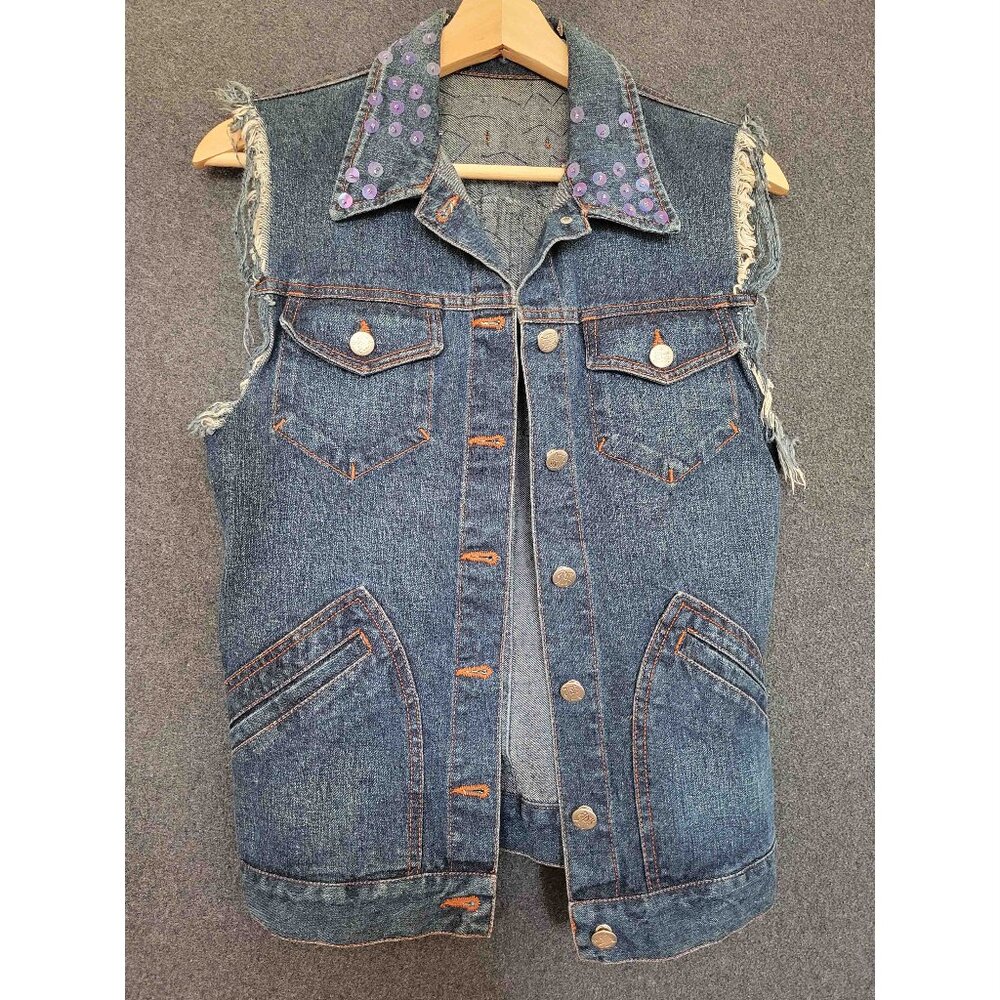 VTG 90s Jean Paul Gaultier Jean’s Vest Grunge Biker Goth Blue Denim Sequin  42